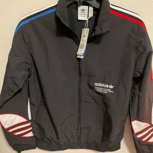 NWT Adidas black windbreaker jacket red, white, blue tri-color stripe size XS